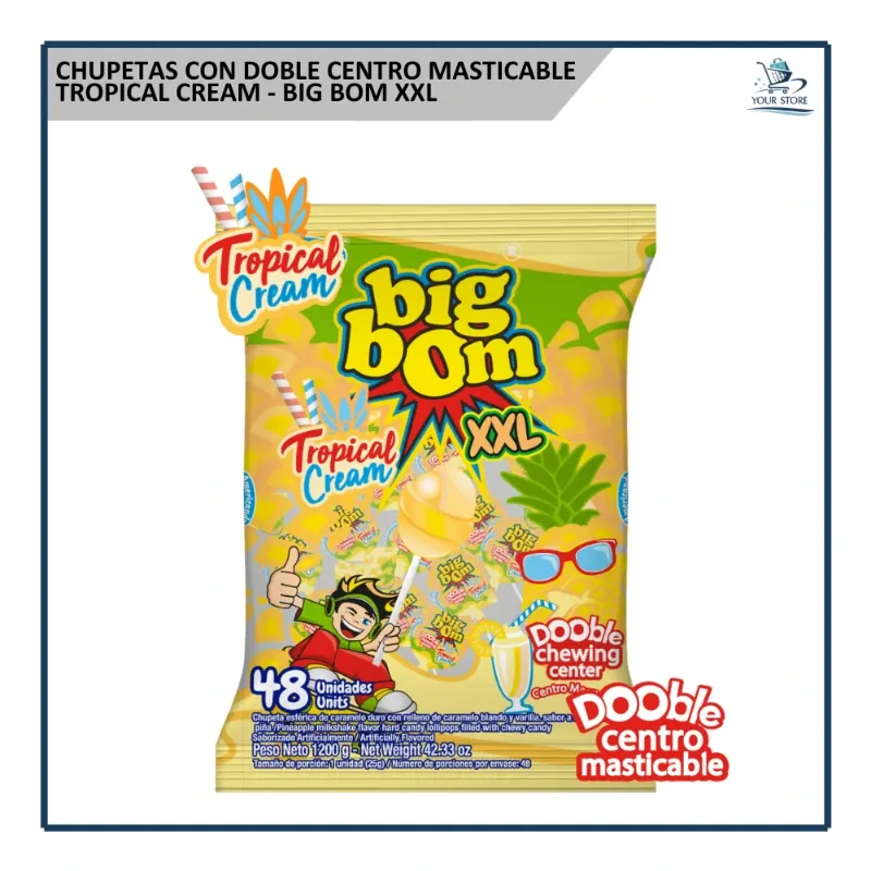 Chupetas con Doble Centro Masticable Tropical Cream  - Big Bom XXL (48u)