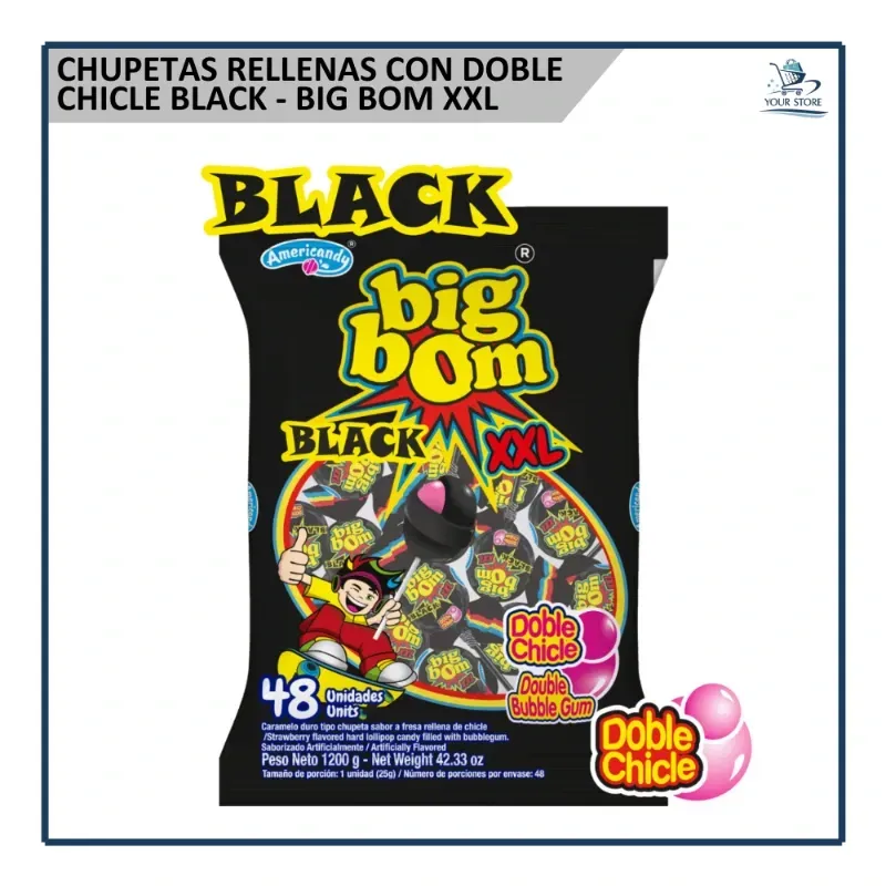 Chupetas con Doble Chicle Black - Big Bom XXL (48u)