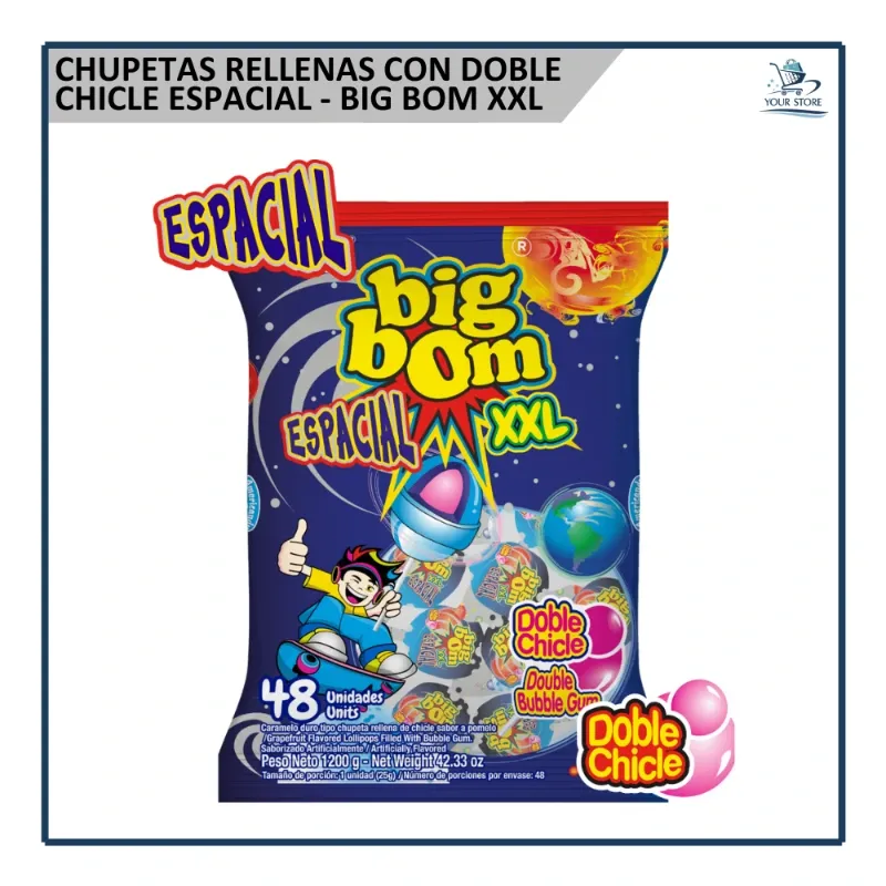 Chupetas con Doble Chicle Espacial - Big Bom XXL (48u)