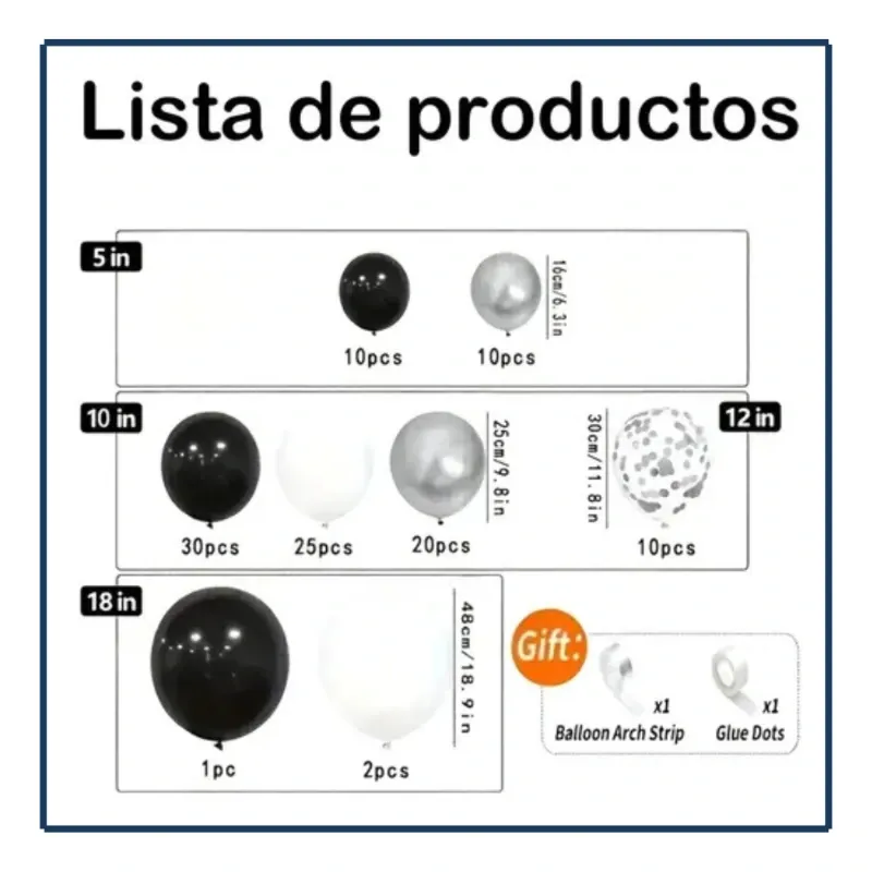 Set de Globos Negros, Blancos y Plateados (110Pzas)