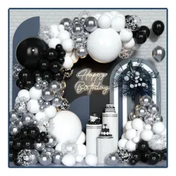 Set de Globos Negros, Blancos y Plateados (110Pzas)