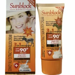 Protector solar 90 spf+. Aclarante  Matificante con extracto de leche de burra. Antioxidante Vitaminas A, C y E. Resistente al agua y al sudor. 60ml