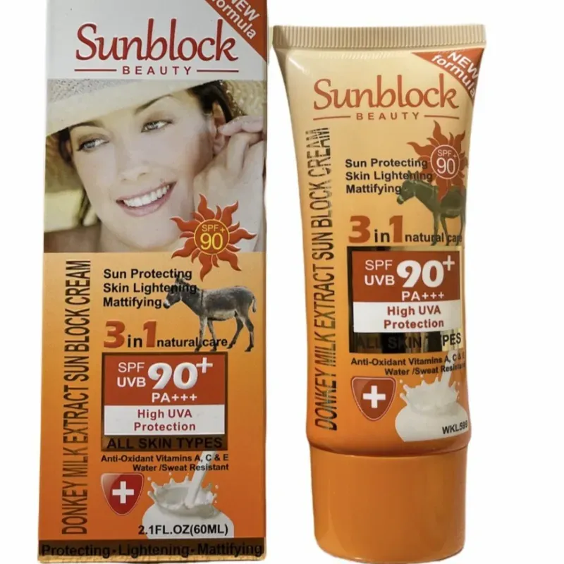 Protector solar 90 spf+. Aclarante  Matificante con extracto de leche de burra. Antioxidante Vitaminas A, C y E. Resistente al agua y al sudor. 60ml