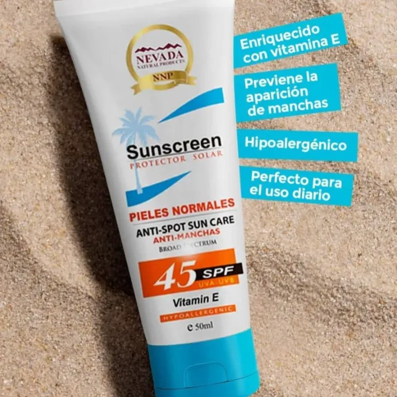 Protector solar Enriquecido con vitamina E.   45 spf. Marca: Nevada. Contenido: 50 ml